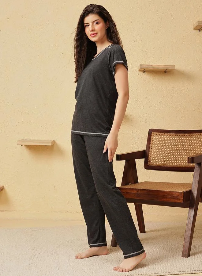 Clovia Solid Cotton T-Shirt and Pyjama Set